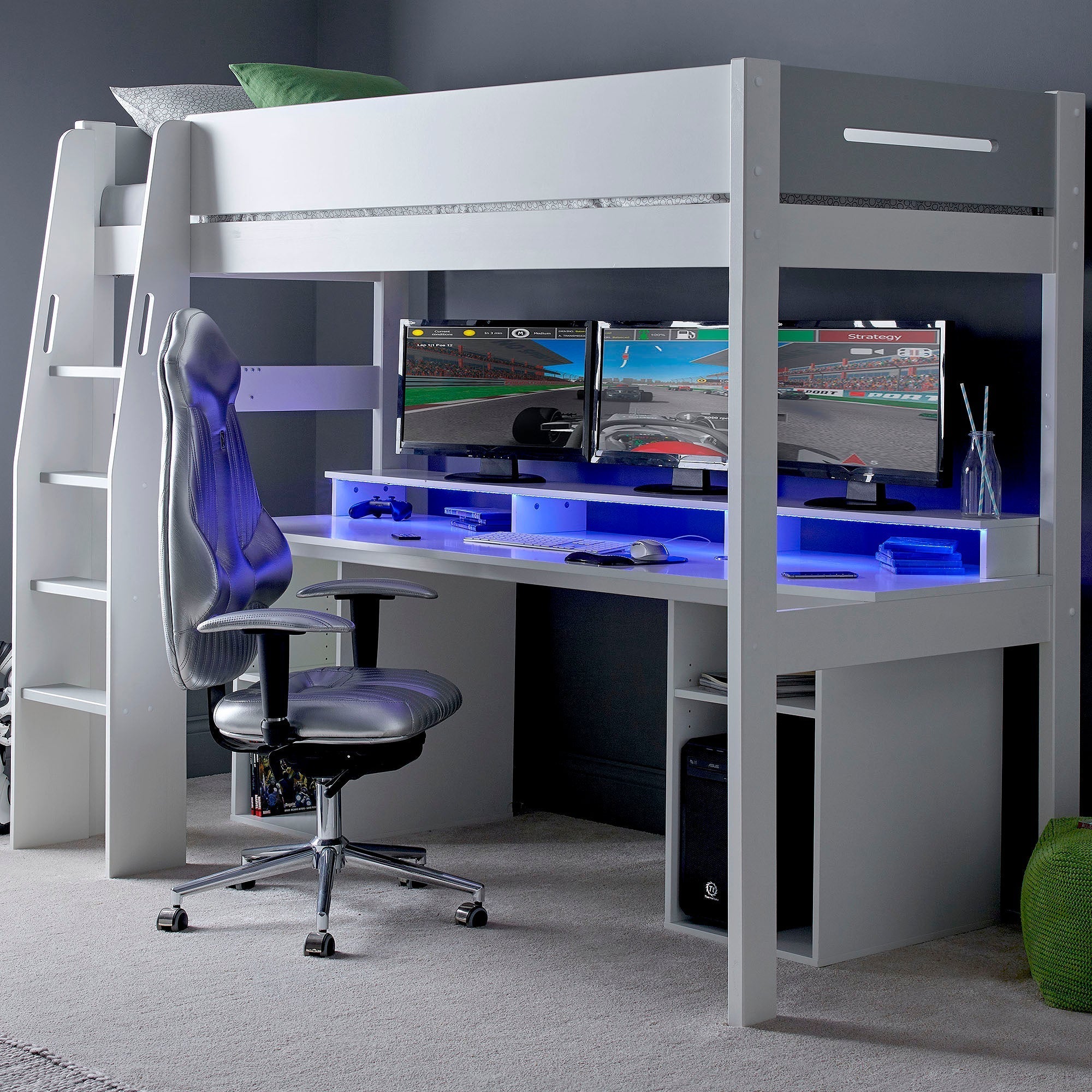 Teenager PC gaming setup on a high sleeper gaming bed with built-in desk