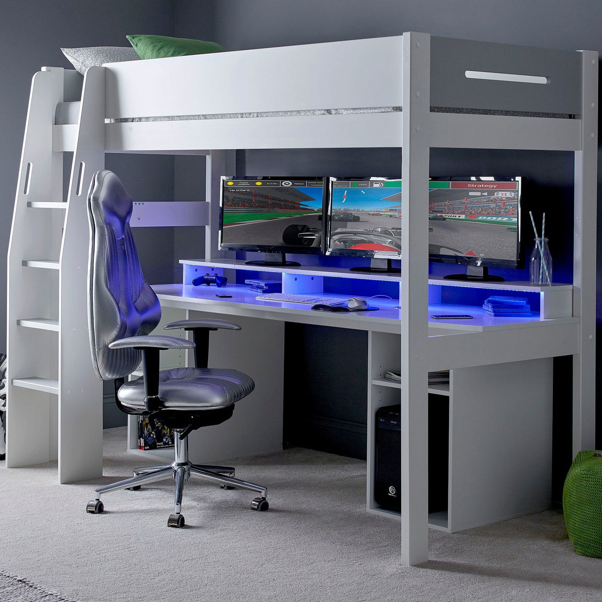 Teenager PC gaming setup on a high sleeper gaming bed with built-in desk