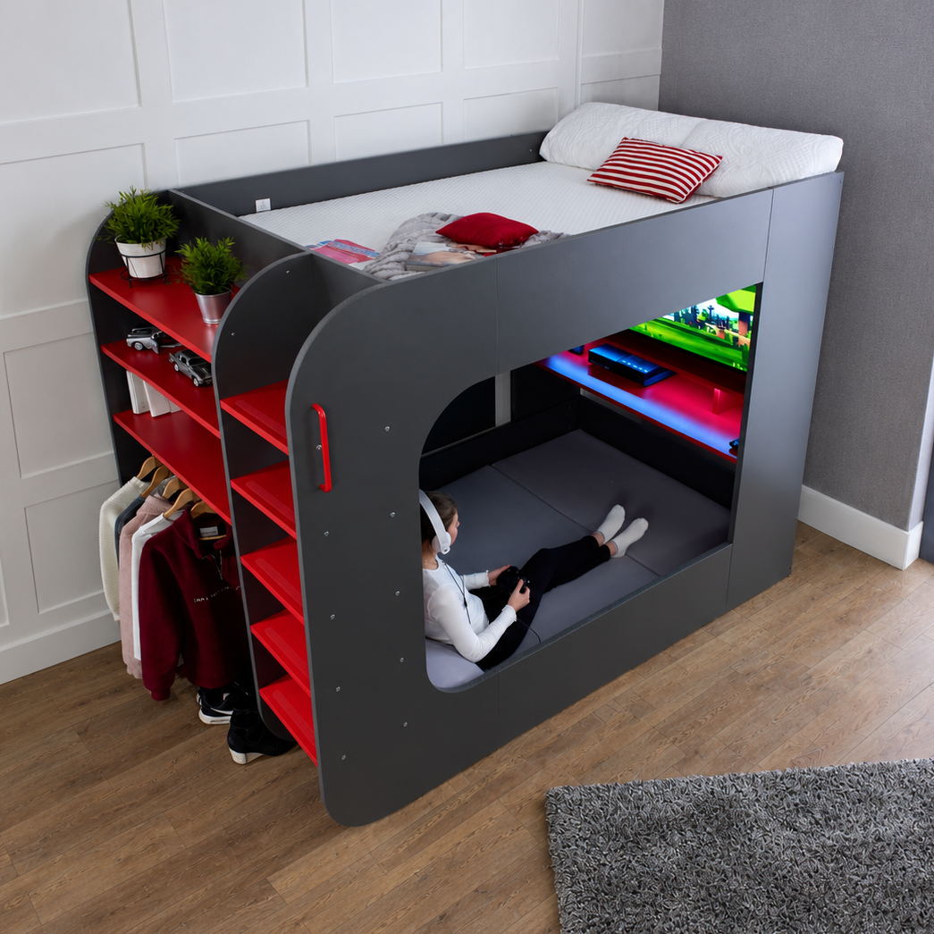 Gaming bed, small double bed size with gaming desk and sofa bed below.