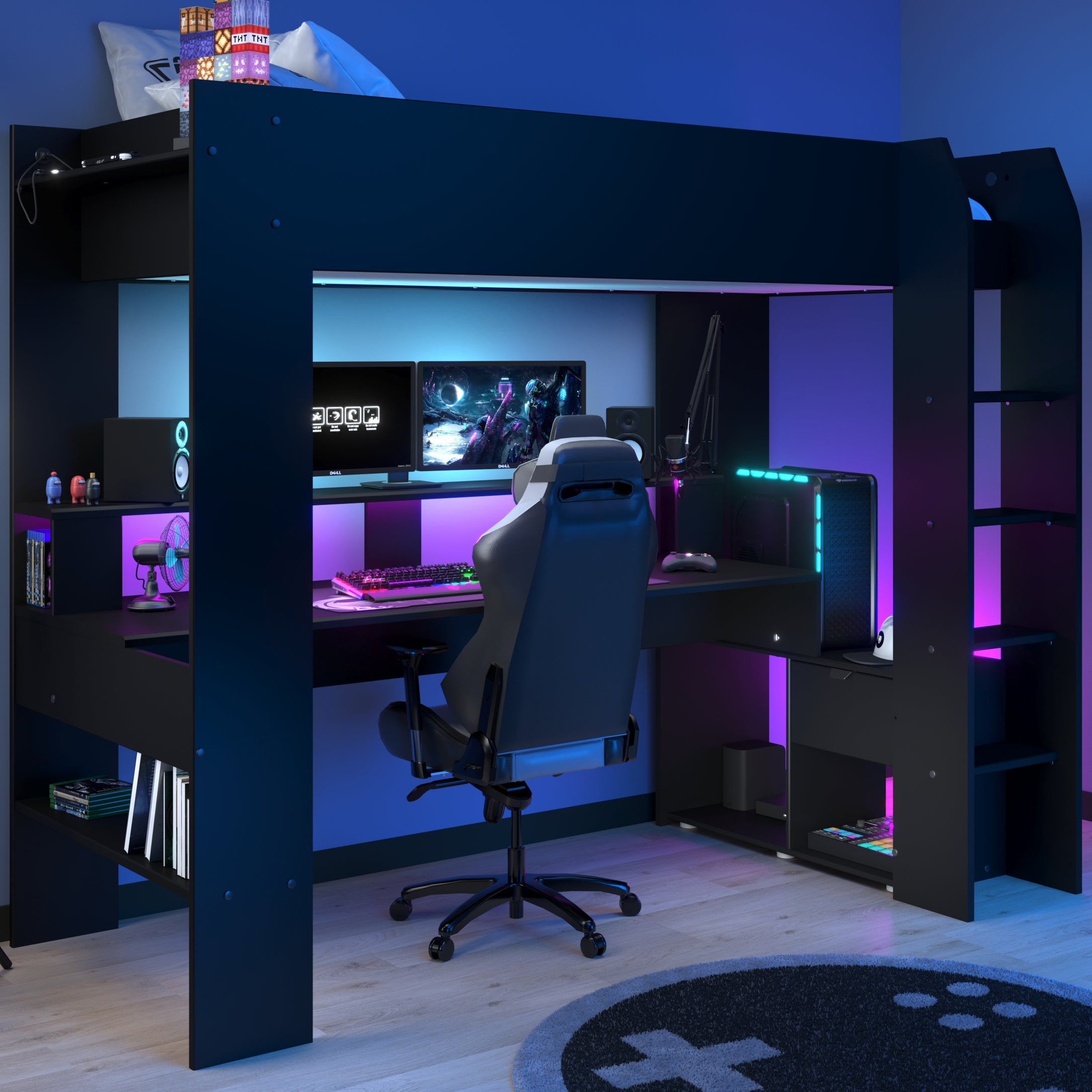Gaming Highsleeper Black Bed with Built In LED Lights Gaming Desk Gamers Window